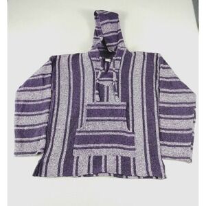 EMISA Hoodie Mens Large Purple White Drug Rug Baja Woven Striped Poncho Pullover